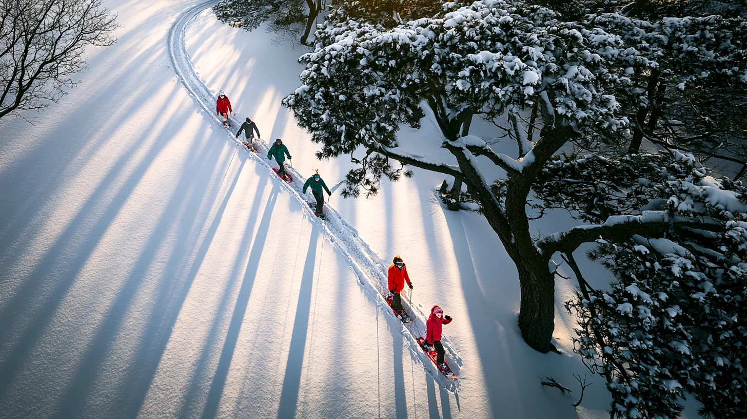 Illustrated snowshoers following a sunlit trail through winter woods