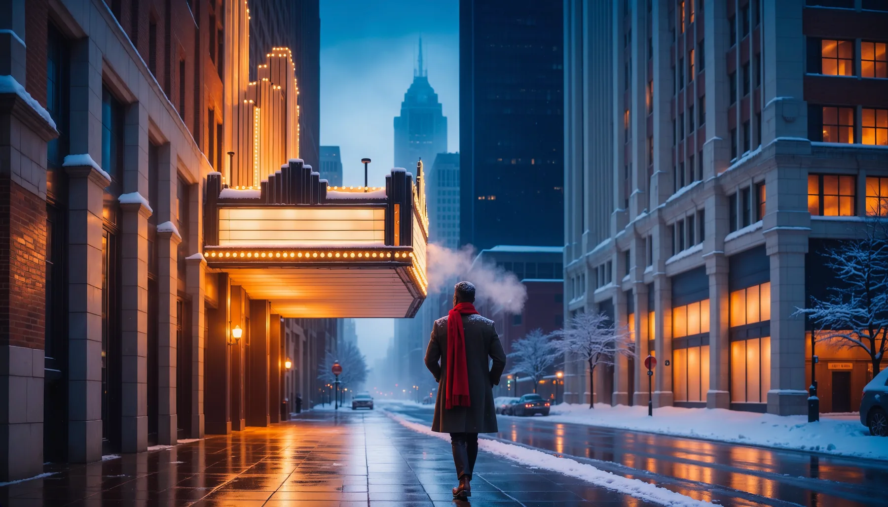 A figure in a red coat walking a lit downtown street on a winter night